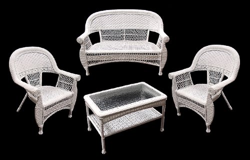 4-Piece White Resin Wicker Outdoor Patio Set - Table, Loveseat and Chairs