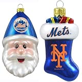 MLB New York Mets Blown Glass Stocking and Santa Cap Ornament 2-Pack