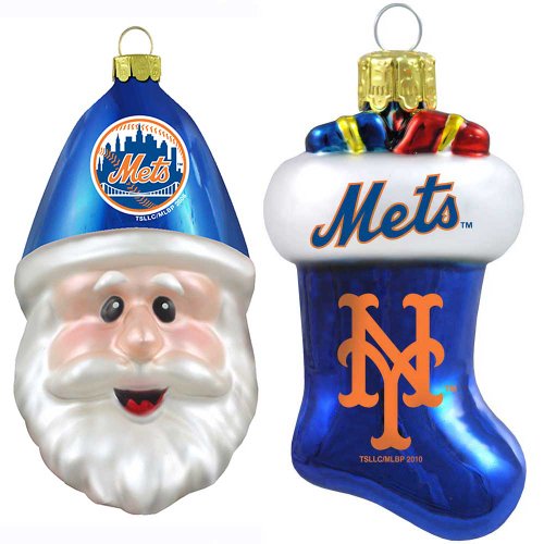 MLB New York Mets Blown Glass Stocking and Santa Cap Ornament 2-Pack