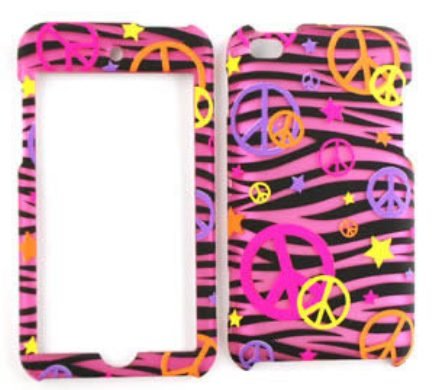 Apple iPod Touch 4 Transparent Design, Colorful Peace Signs on Pink Zebra Hard Case,Cover,Faceplate,SnapOn,Protector