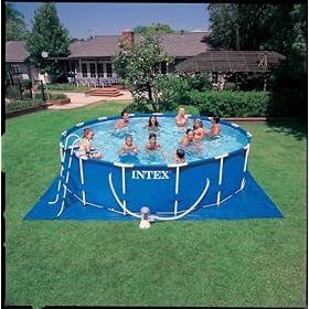 Large outdoor blue plastic metal frame swimming pool