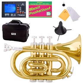 Mendini MPT-L Gold Brass B Flat Pocket Trumpet w/ Case, Stand, Pocketbook, & Chromatic Tuner with Metronome