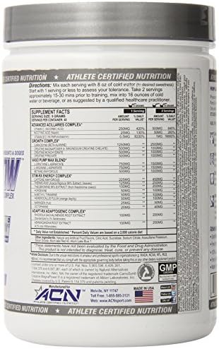 ACN Pump &amp; Grow, Physician Formulated Pre Workout and Growth Complex with Clinically Studied Ingredients and Doses, Blue Raspberry, 360 Gram (40 Servings)