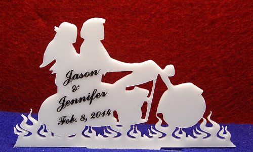 Flaming Motorcycle Biker Couple Engraved Cake TOPPER names and date FREE !