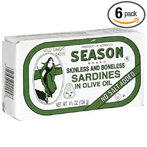 Season Skinless & Boneless Sardines in Olive Oil, No Salt Added, 4.375-Ounce Tins (Pack of 6)