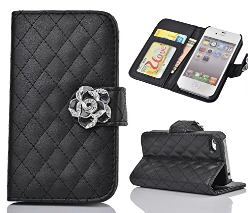 Welity Camellia Soft Leather Grid Crystal Pu Leather Wallet Case for Apple iPhone 4/4S/4G and One Gifts(Black Color)