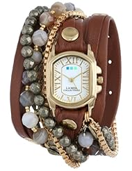 La Mer Collections Womens LMMULTI2011 Positano Gold Chateau Case Cognac Layer Strap Indian Agate Pyrite 14K Gold-Plated Jewelry Chains Watch