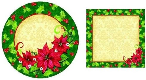 Holiday Party Poinsettia and Holly Paper Desert Plates and Napkins Party Pack (8 - 7" Plates, 16 Napkins)