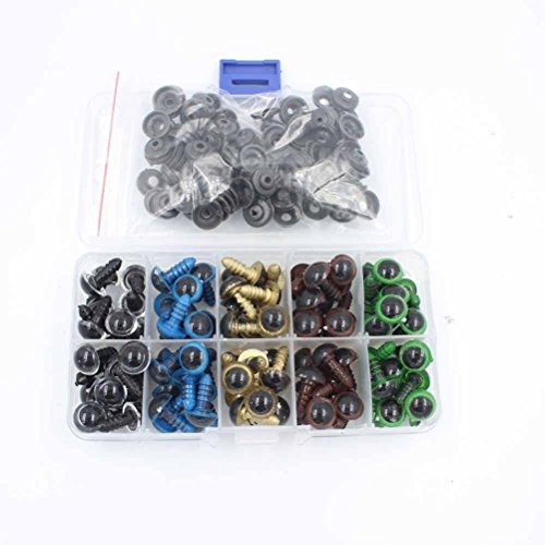 Yosoo 100pcs 10/12mm Mixed Color Plastic Safety Eyes for Teddy Bear Doll Puppet Plush Animal Craft DIY with Washers One Box (12mm)