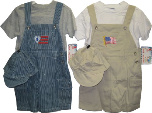 Toddler Boys Sizes 2T/3T/4T Stripe Denim/Khaki Twill Shortall 2-PC Sets with Cap