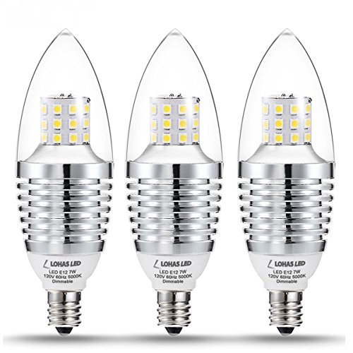 (3 PACK) 7 Watt LED Light Bulbs Dimmable Daylight White 5000K LOHAS® LED Candelabra Bulbs, B35 E12 Base,65-70W Light Bulb Equivalent, Torpedo Shape 680lm SWEETY STYLE LED Lights