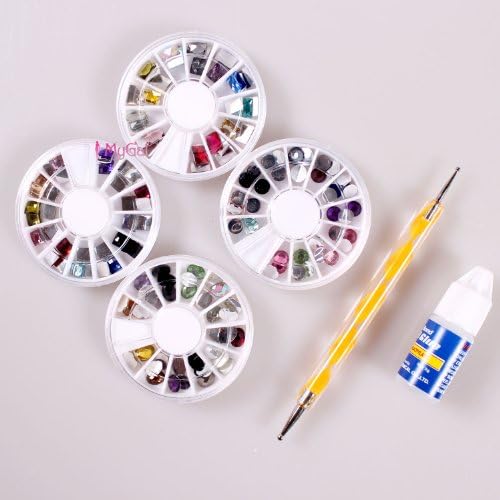 4 Wheels! Nail Art Crystal Rhinestones Mixed Style Colorful Gen/Diamond Fun and Easy to use, Free 2 Way Dotting Pen and Nail Glue