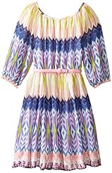 Girls Belted Polyester General Print 3/4 Sleeves Peasant Dress 