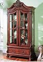 "item Cherry finish wood curio cabinet with glass shelves, mirrored back and glass doors"