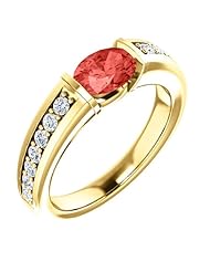 14K Yellow Gold 7.00x5.00mm Oval Cut Chatham Created Padparadscha Sapphire and Diamond Ring -- LIFETIME WARRANTY