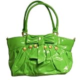 GREEN PATENT LEATHER GOLD BUTTON TRIM DOUBLE HANDLE HANDBAG