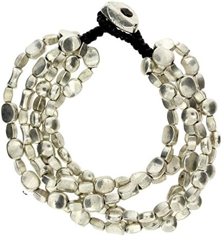 5 Multi Strand Silver Beaded Alloy Bracelet Waxed Linen Wristband Bali Jewelry