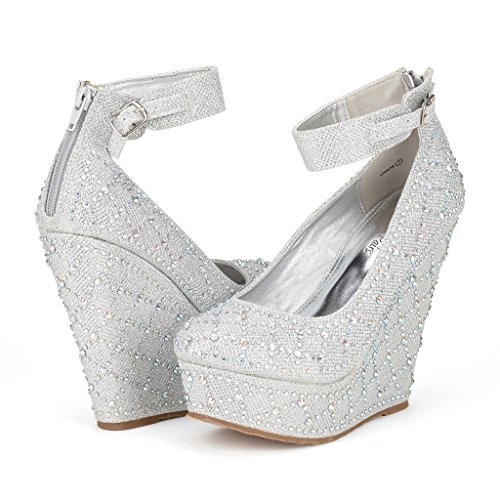 Dream Pairs CHAOS Women's Glitter High Heel Rhinestones Ankle Cuff Round Toe Platform Wedge Pump Shoes