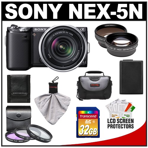 Sony Alpha NEX-5N Digital Camera Body & E 18-55mm OSS Lens (Black) with 32GB Card + Battery + 3 UV/FLD/PL Filters + 2x Telephoto & .45x Wide-Angle Lenses + Case + Accessory Kit