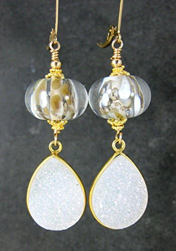 White Quartz Druzy and Glass Gold Filled Dangle Earrings Sparkling Stone Jewelry