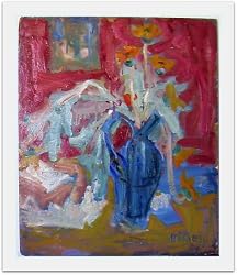 Blue Vase, 1964 Original Still Life Oil Painting on Board By Carmel Art Association Artist Victor Di Gesu - Unframed Artwork