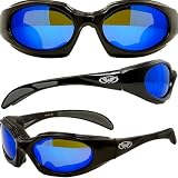 LTD FOAM PADDED BLUE TITANIUM COATED LENSES MOTORCYCLE SUNGLASSES UV400 GOGGLES DOUBLE ANTI-FOG BIKER EYEWEAR BLACK FRAME