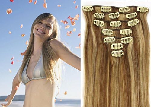 Fashion Hairstyle Clip in Remy Human Hair for Beauty Women's Accessories in 48cm 75 Gram - Light Golden Brown & Platinum Blonde #12/613
