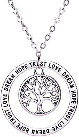 Longil Gift Jewelry Silver Tone Long Chain Tree of Life Pendant Necklace with Circle Engraved Love Dream Hope Trust Free Jewelry Box for Women Men 18"