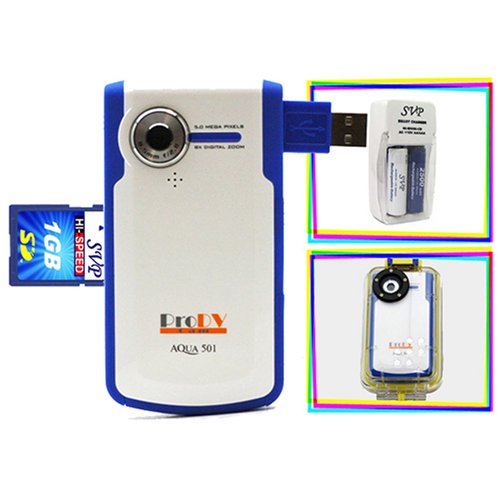 ProDV Cam Aqua-501-Blue Camcorder, FREE 1GB SVP High Speed SD Memory Card = 30 minutes video (AA Rechargeable set + waterproof case included)