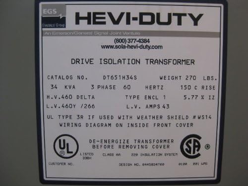 Hevi-Duty NEW DT651H34S 34kVA Isolation Transformer 460 Delta/460 Y/266 3 PH 460