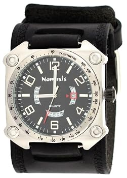 Nemesis #KIN071K Men's Stainless Steel Wide Cuff Band Analog Black Dial Watch