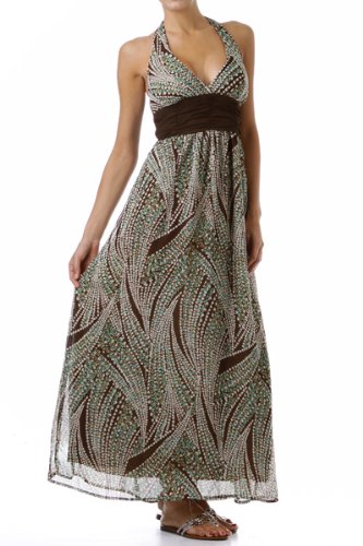 Brown-Green Print Maxi Halter Dress Deals