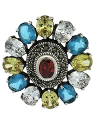 Sterling Silver Marcasite Large Flower Brooch Pin w/ Oval Cut Multi Color Stones, 1 9/16 in. (40mm)