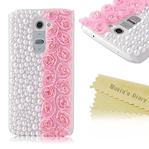 LG G2 Case - Mavis's Diary 3D Handmade Fashion Lace Bling Rhinestone Rose White Pearl Hard Cover Case for LG Optimus G2 LG D800 with Soft Clean Cloth (Pink Lace Flower)