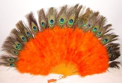 Orange Marabou Feather Fan with Peacock Tips