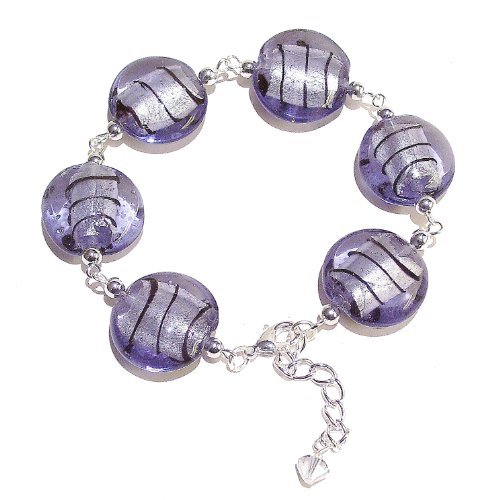 The Black Cat Jewellery Store-Stripy Glass Bead & Silver Bracelet - Purple 20 - 22cm