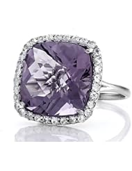 Anti Tarnish Sterling Silver 14mm Cushion Cut Rose De France Quartz and Round White Sapphire Ring