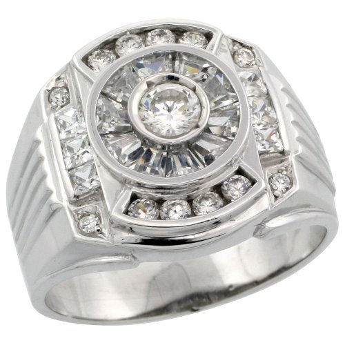 Sterling Silver Men's Watch Band Style Ring w/ Brilliant Cut CZ Stones, 11/16 in. (17.5mm) wide, size 14