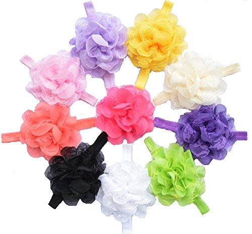 QS Baby Girl's Elastic Headbands Chiffon Hair Flower (10 Pack)