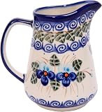 Polish Pottery Ceramika Boleslawiec, 0205/162, Pitcher Jacek 1, 1 Cup, Royal Blue Patterns with Blue Pansy Flower Motif