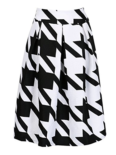 Choies Women's Color Block Houndstooth Print High Waist Pleated Skater Midi Skirt