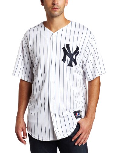 MLB Men's New York Yankees Robinson Cano White/Navy Pinstrps Home Short Sleeve 6 Button Synthetic Replica Baseball Jersey Spring 2012  (White/Navy Pinstrps, Small)