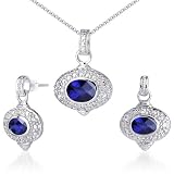 Bold & Beautiful Oval Checkerboard Shape Created Blue Sapphire Pendant Earrings Set in Sterling Silver