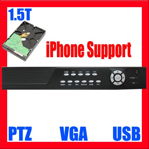 Professional 4 Channel DVR with 1.5T HDD, iPhone and VGA support, Real Time Video/Audio Recording, Playback and Network capability. Built In Motion Detection Recording Function with Sensitivity Adjustment. PTZ Control.
