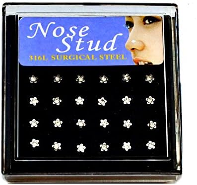 YanTuj 24Pcs Surgical Stainless Steel Multicolor/White Cross Flower Crystal Star Heart Square Nose Studs
