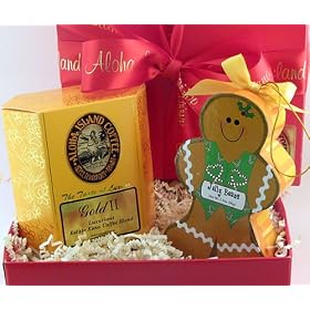 Aloha Island Gift of Gold Kona Blend Coffee and Gingerbread Man Ornament in Red Gift Box by Aloha Island Coffee
