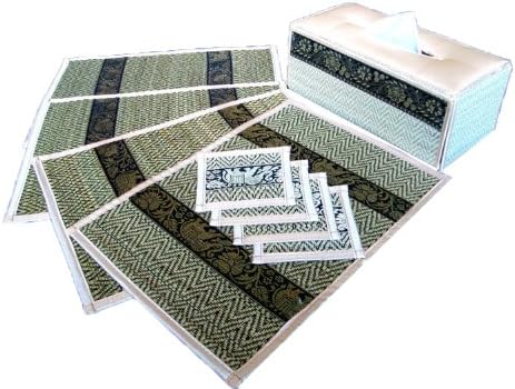 Saucer and Tisue Box Thai Elephant Made with Reed ,Set 4 Black-white Color