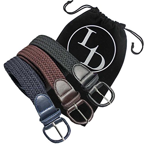 Luxury Divas Black Navy Blue Brown 3 Pack Braided Elastic Stretch Belts & Storage Bag Medium