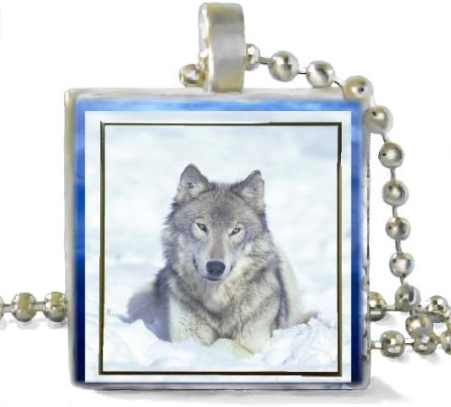 Grey Wolf on Snow Silvertone Pendant w/ 24" matching Ball Chain