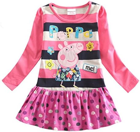 Girls New Style Cute Peppa Pig Spring Autumn Long Sleeve Birthday Dress (2Y, PINK)